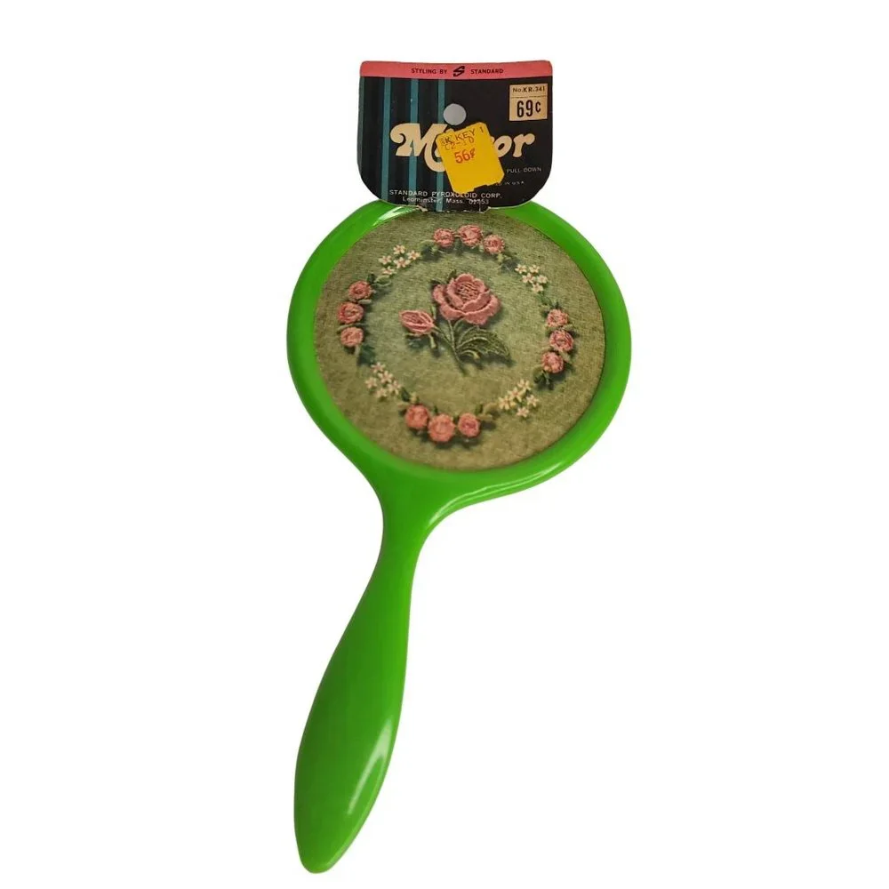 VINTAGE Mid-Century Green & Pink Floral Plastic Handheld Vanity Mirror w Tags!